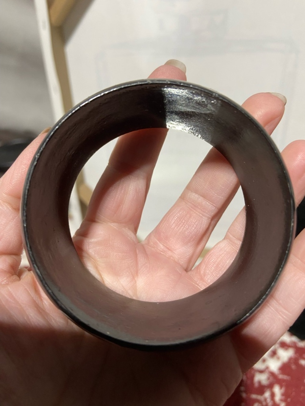 Vintage Painted Wood Bangle Bracelet Black Floral Chunky - Picture 8 of 8